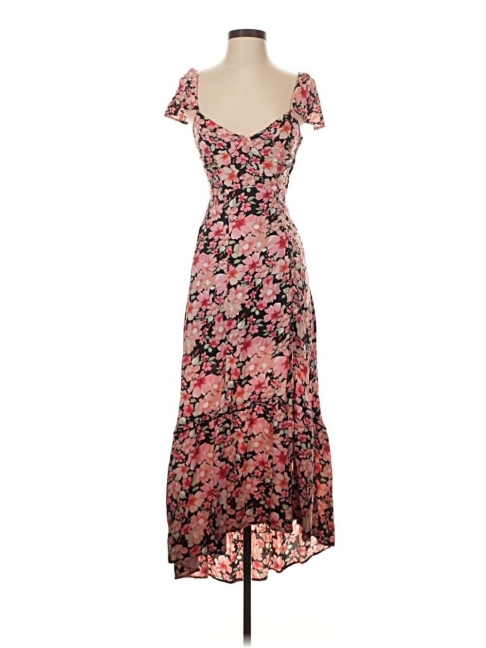 Rewind Black Pink Floral Maxi Dress S Flutter Sleeve Lace-Up Open Back